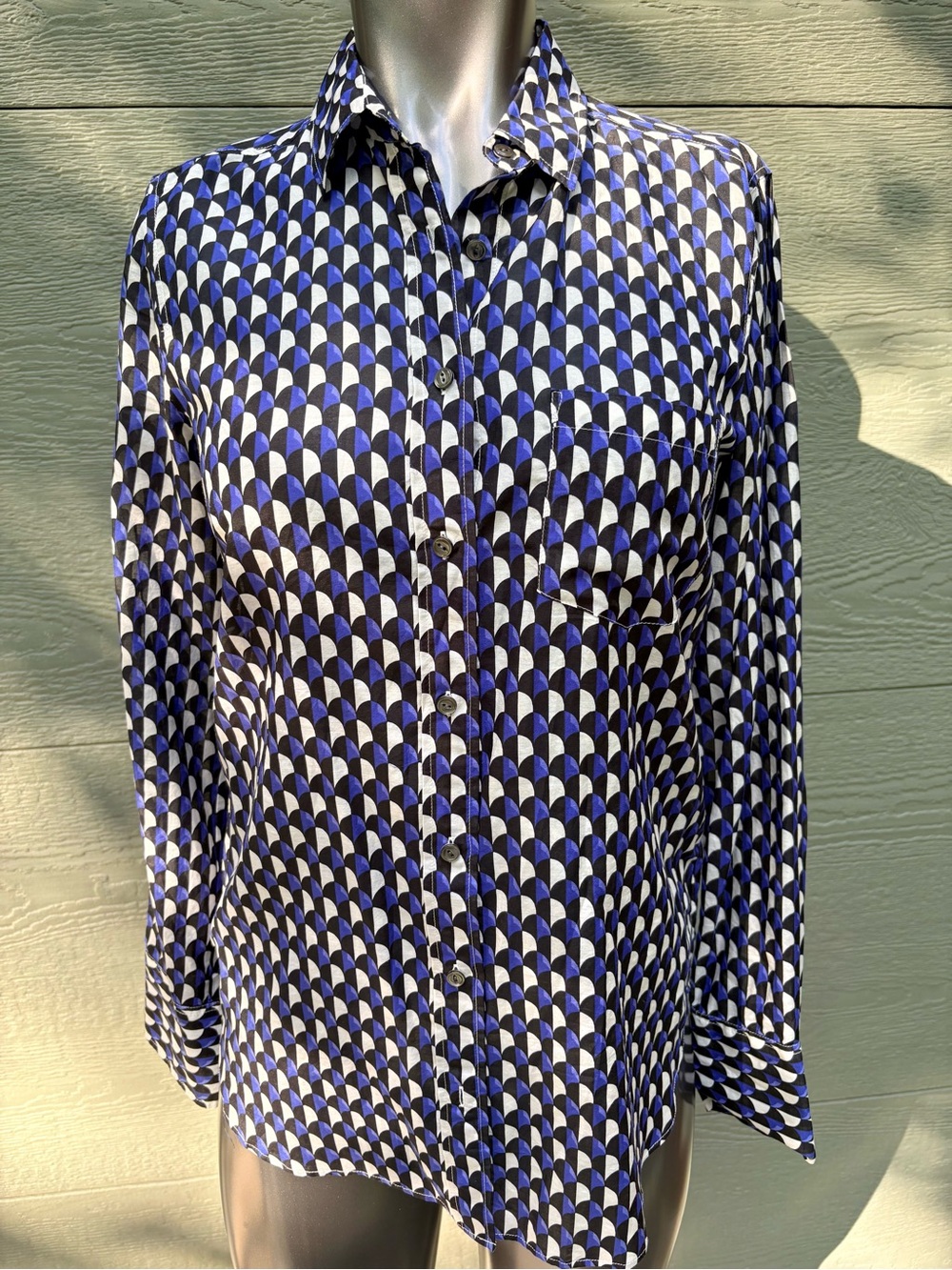 J.Crew Cotton & Silk Geometric Blue & White Button-Up Blouse